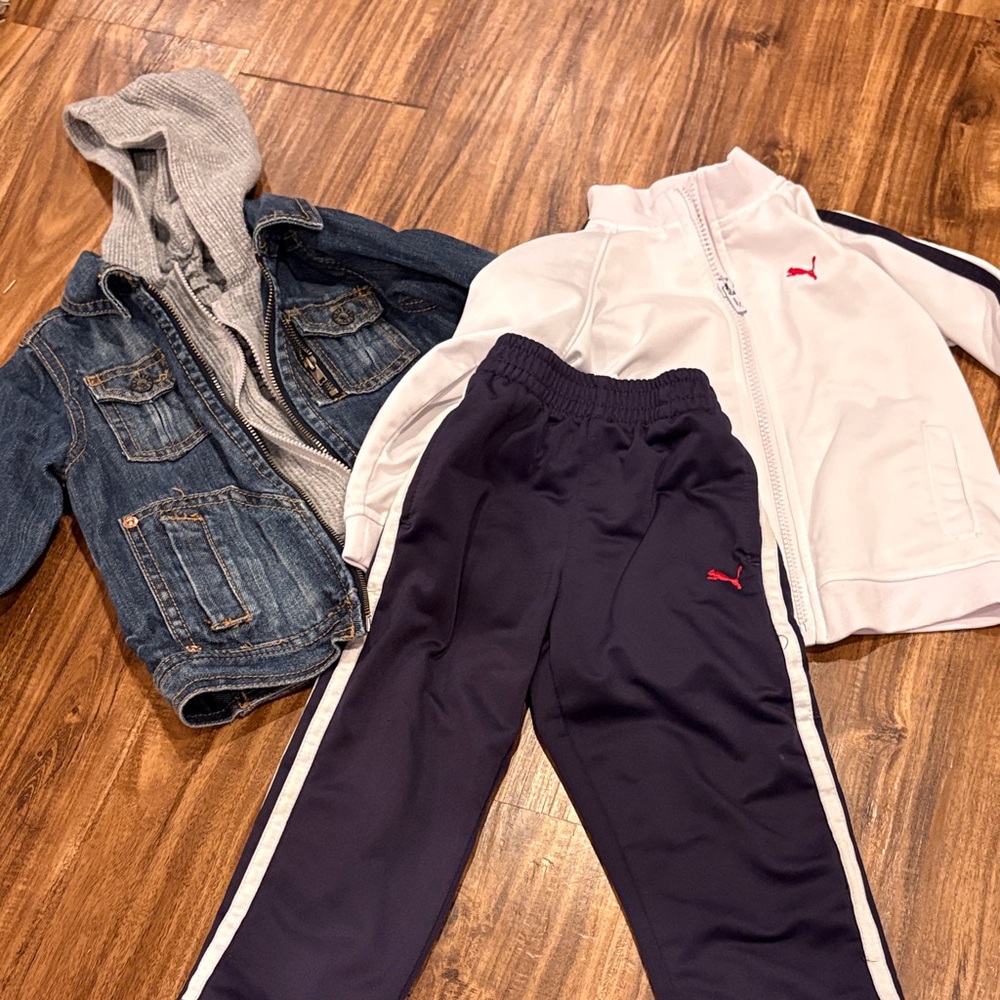 Puma Kids Navy and White Jogger Set with Guess Jean Jacket